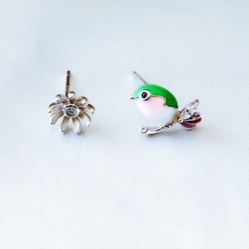 Sterling Silver Bird & Flower Earrings